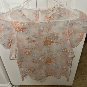 Main Strip Sheer Top with Floral Embroidery - Cream and Silver